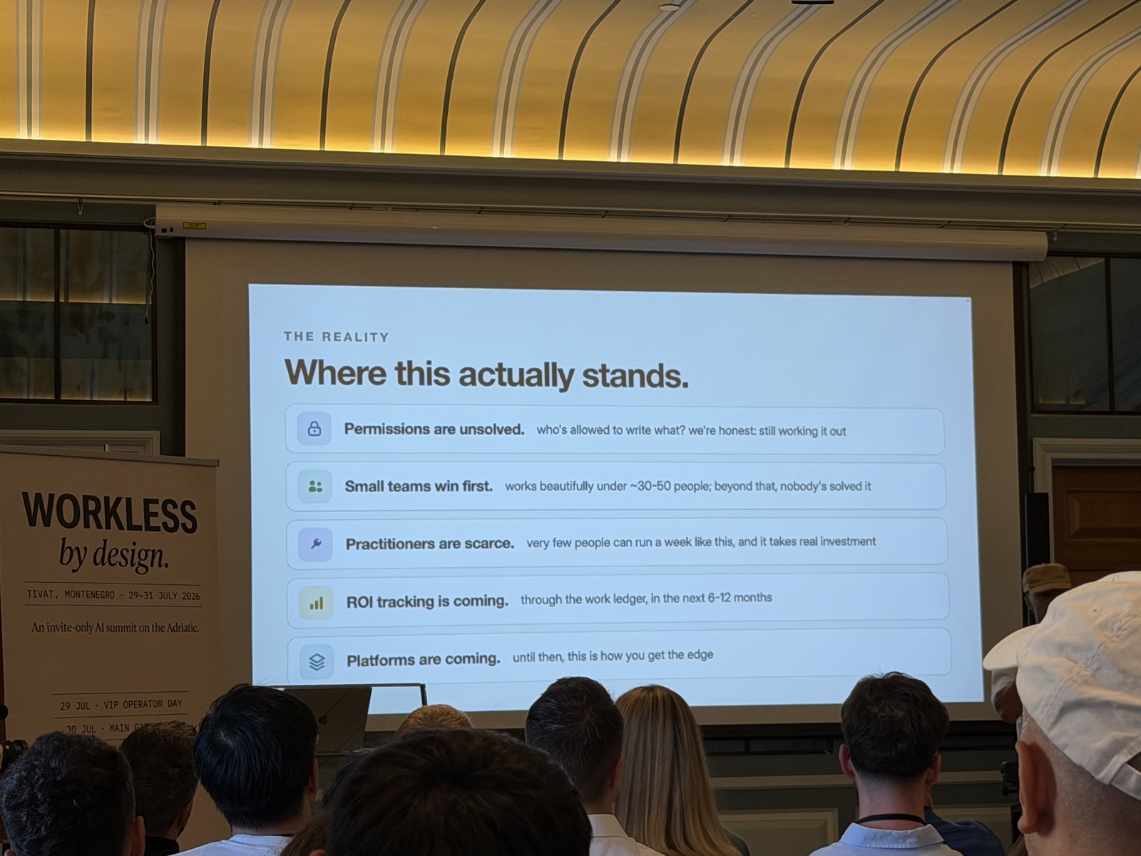 "Where this actually stands" - permissions unsolved, works best under 30-50 people, practitioners scarce