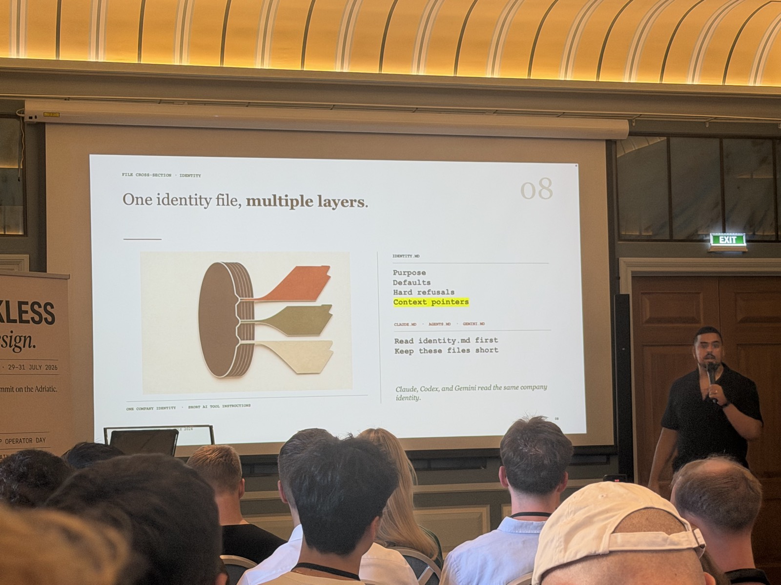 Slide 08: "One identity file, multiple layers" - several models reading the same identity