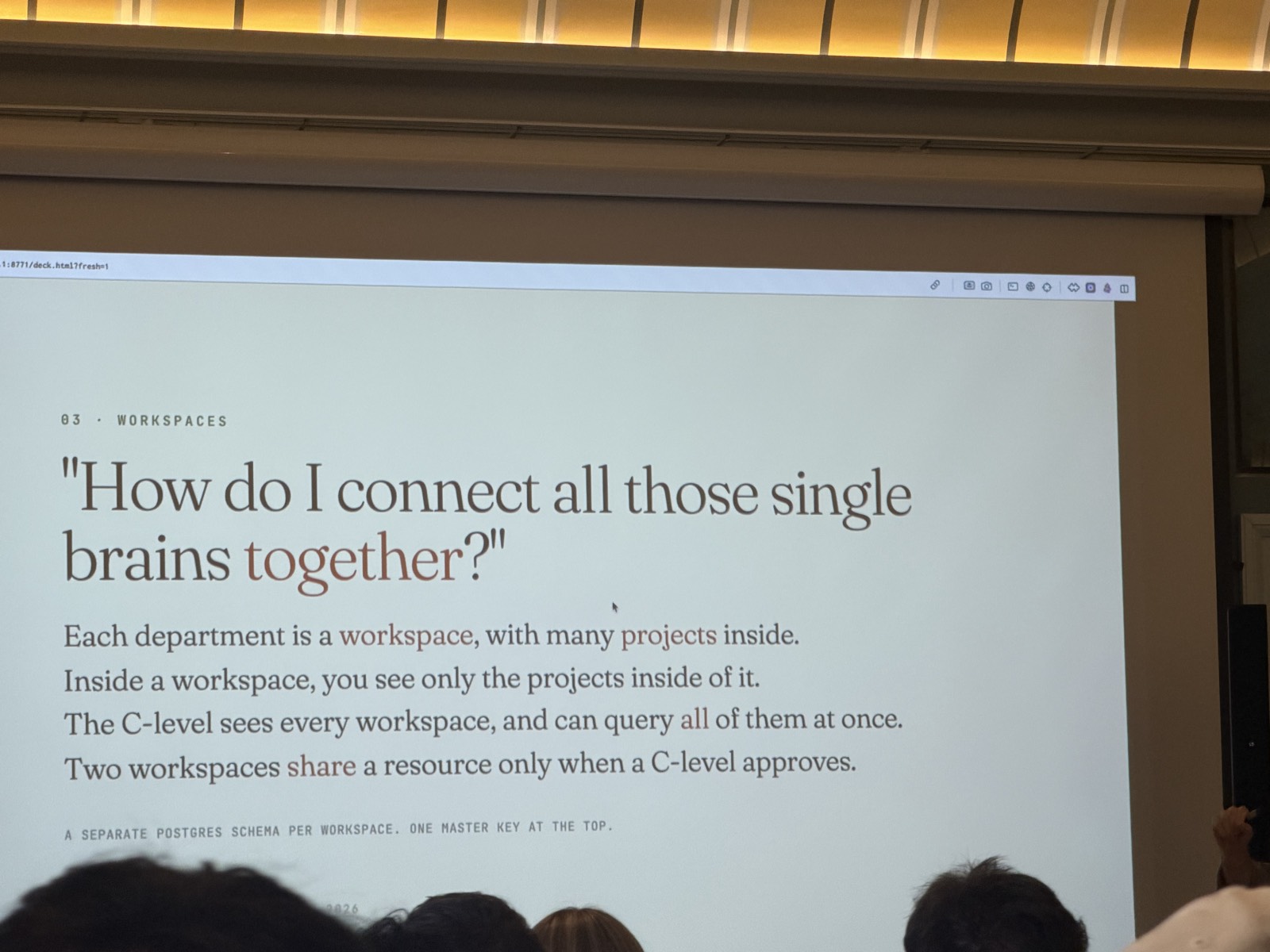 "How do I connect all those single brains?" - a workspace per department, C-level queries all