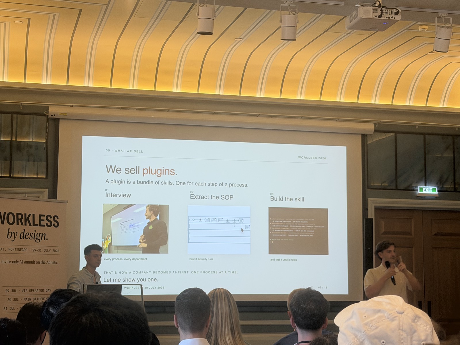 Slide 05: "We sell plugins" - Interview / Extract the SOP / Build the skill