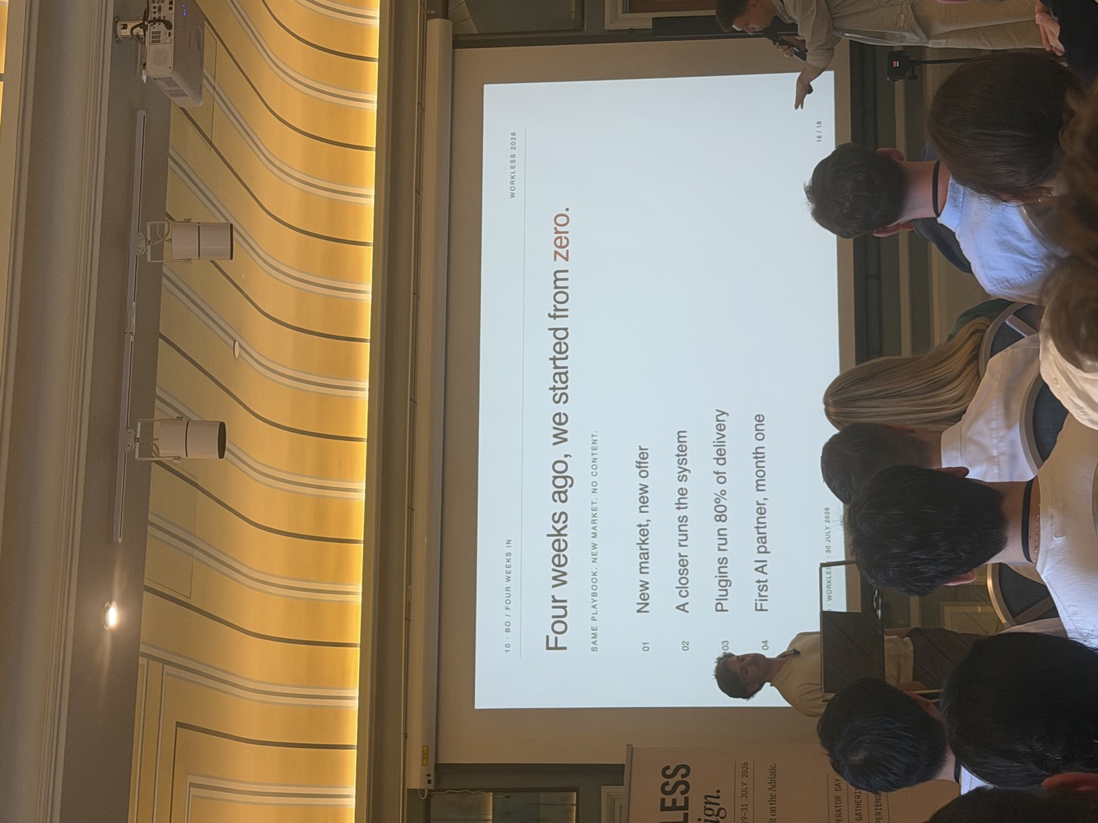 Slide 10: "Four weeks ago, we started from zero" - plugins running most of delivery